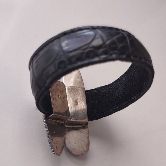 VINTAGE .925 STERLING SILVER LEATHER BAND PEARL CUFF BRACELET - Picture 8 of 14